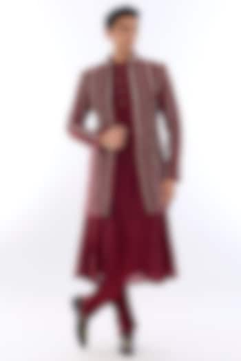 Red Textured Silk Kasab Embroidered Indowestern Set by KSHITIJ CHOUDHARY MEN