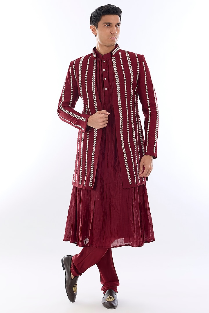 Red Textured Silk Kasab Embroidered Indowestern Set by KSHITIJ CHOUDHARY MEN
