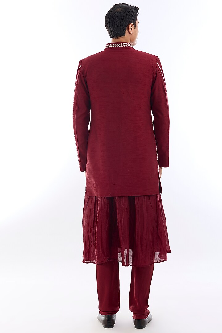 Red Textured Silk Kasab Embroidered Wedding Indowestern Set by KSHITIJ CHOUDHARY MEN at Pernia's Pop Up Shop