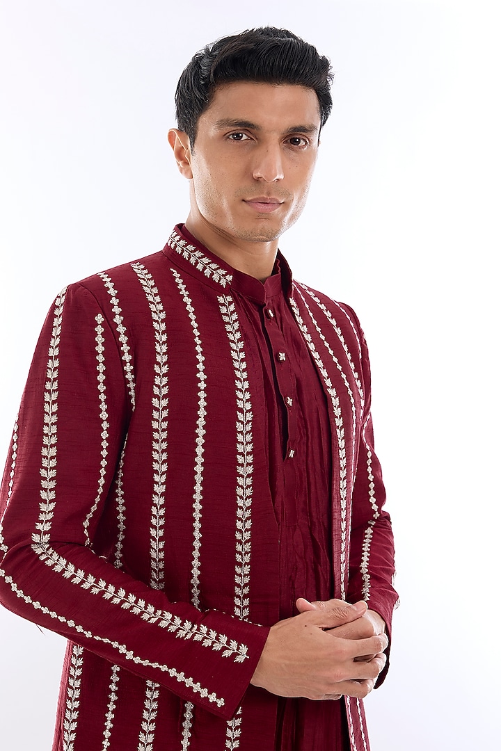 Red Textured Silk Kasab Embroidered Wedding Indowestern Set by KSHITIJ CHOUDHARY MEN at Pernia's Pop Up Shop