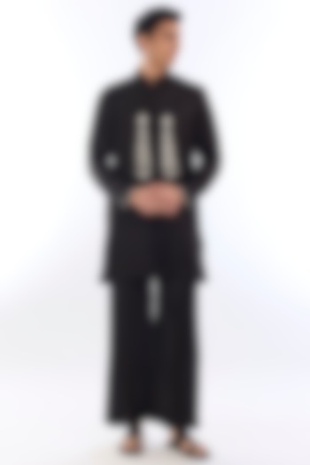 Black Satin Kasab Embroidered Kurta Set by KSHITIJ CHOUDHARY MEN