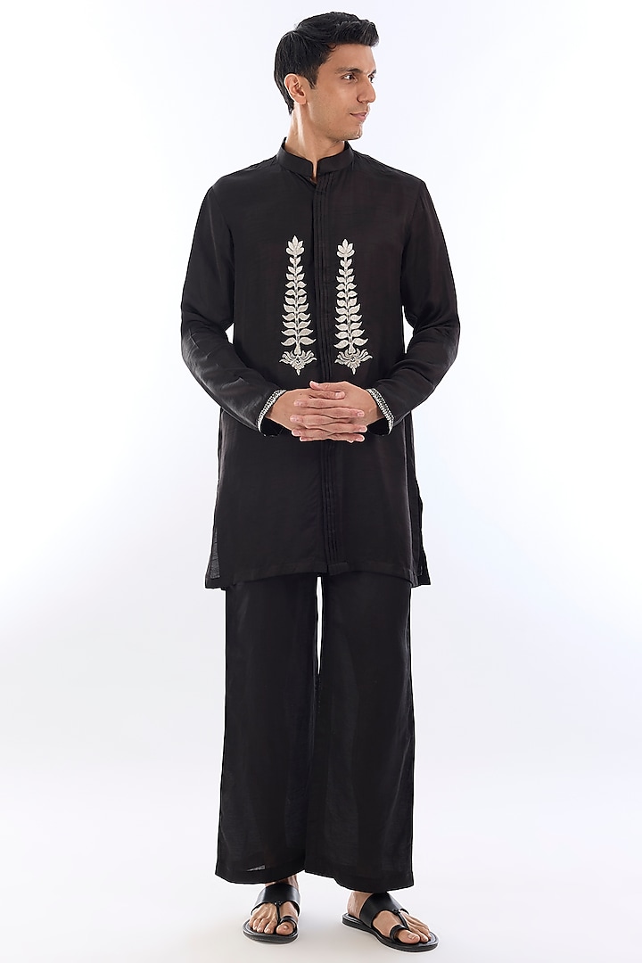 Black Satin Kasab Embroidered Kurta Set by KSHITIJ CHOUDHARY MEN