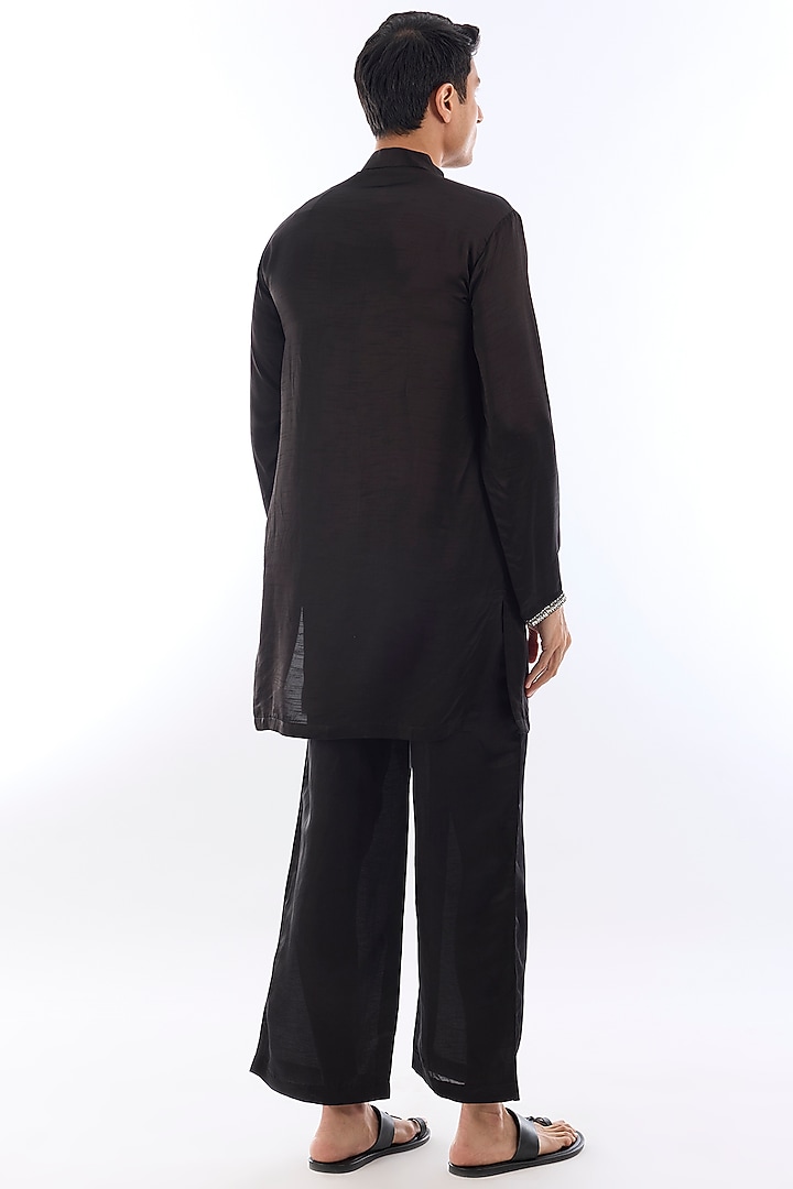 Black Satin Kasab Embroidered Kurta Set by KSHITIJ CHOUDHARY MEN at Pernia's Pop Up Shop