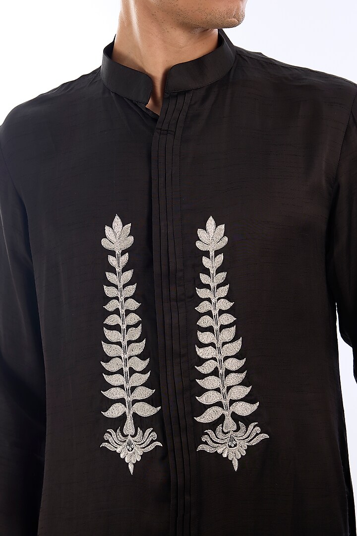 Black Satin Kasab Embroidered Kurta Set by KSHITIJ CHOUDHARY MEN at Pernia's Pop Up Shop