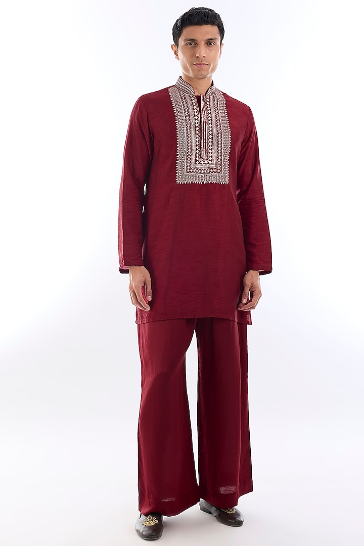 Red Habutai Silk Kasab Embroidered Kurta Set by KSHITIJ CHOUDHARY MEN