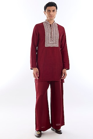 Red Habutai Silk Kasab Embroidered Kurta Set by KSHITIJ CHOUDHARY MEN