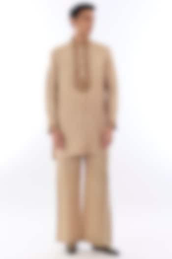 Beige Satin Kasab Embroidered Kurta Set by KSHITIJ CHOUDHARY MEN