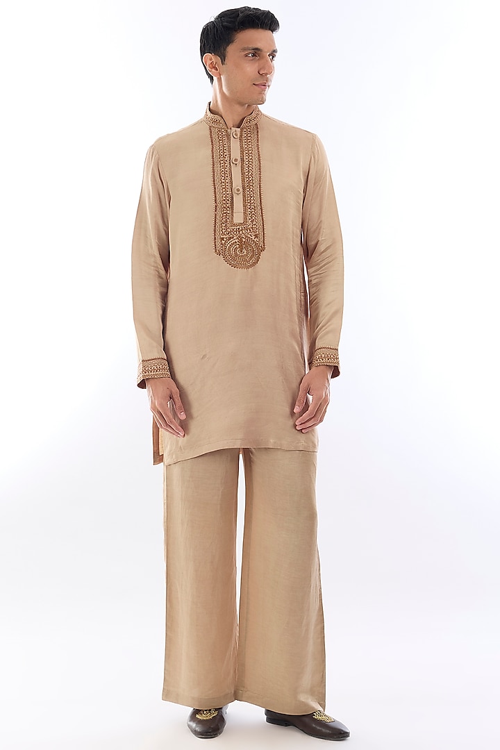 Beige Satin Kasab Embroidered Kurta Set by KSHITIJ CHOUDHARY MEN