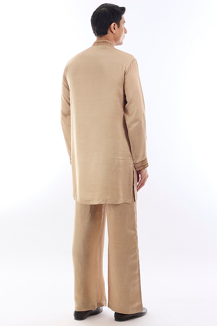 Beige Satin Kasab Embroidered Kurta Set by KSHITIJ CHOUDHARY MEN at Pernia's Pop Up Shop