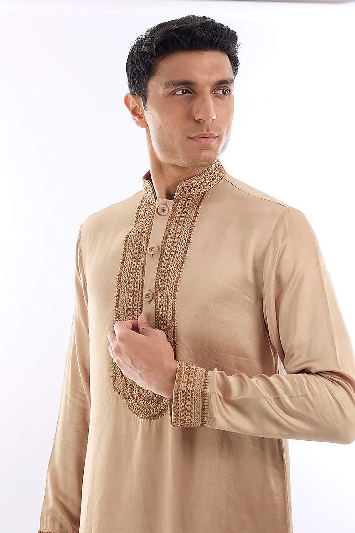 Beige Satin Kasab Embroidered Kurta Set by KSHITIJ CHOUDHARY MEN at Pernia's Pop Up Shop