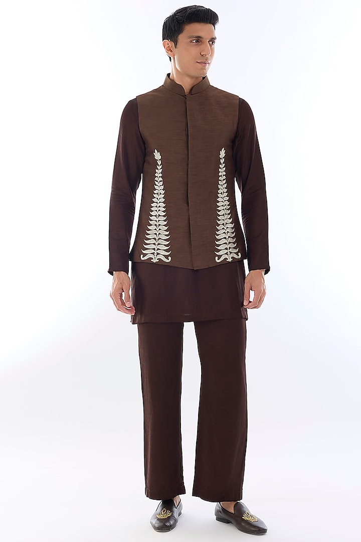 Brown Habutai Silk Kasab Embroidered Nehru Jacket Set by KSHITIJ CHOUDHARY MEN