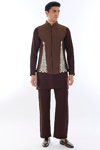 Brown Habutai Silk Kasab Embroidered Nehru Jacket Set by KSHITIJ CHOUDHARY MEN