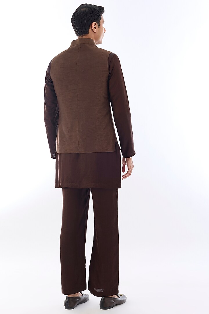 Brown Habutai Silk Kasab Embroidered Nehru Jacket Set by KSHITIJ CHOUDHARY MEN at Pernia's Pop Up Shop
