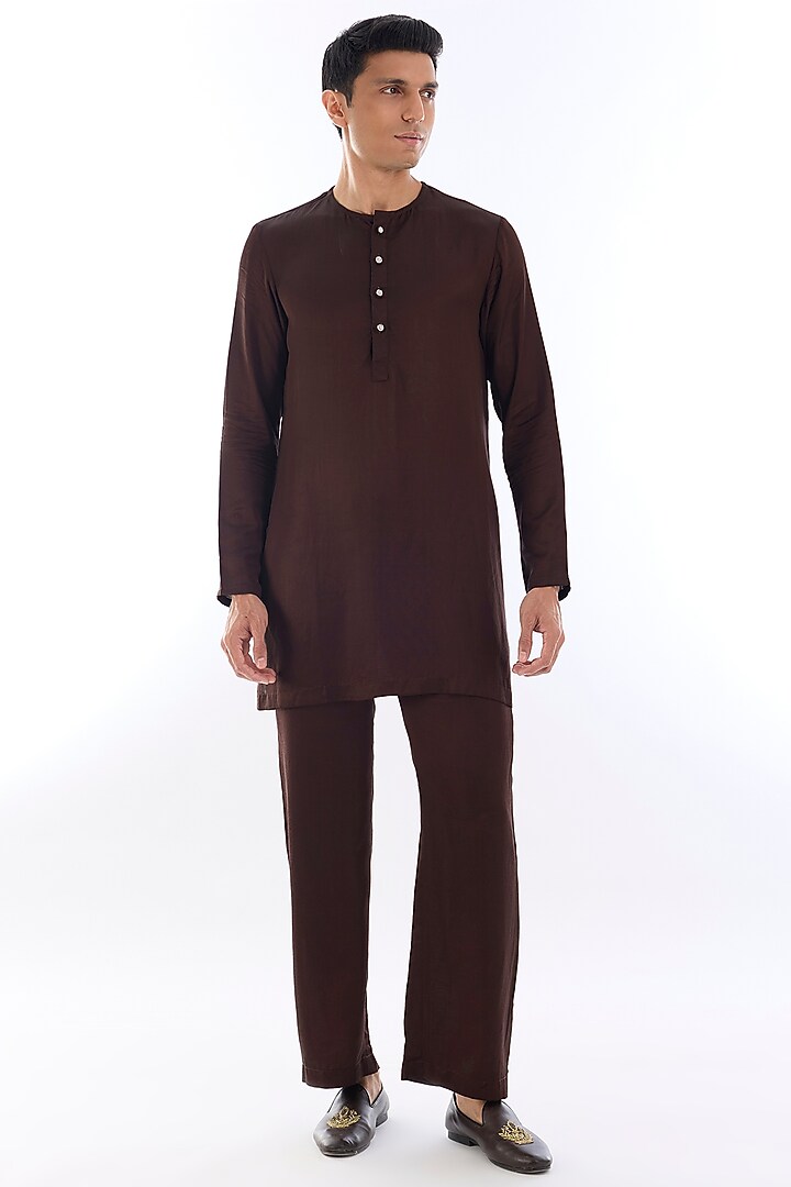 Brown Habutai Silk Kasab Embroidered Nehru Jacket Set by KSHITIJ CHOUDHARY MEN at Pernia's Pop Up Shop