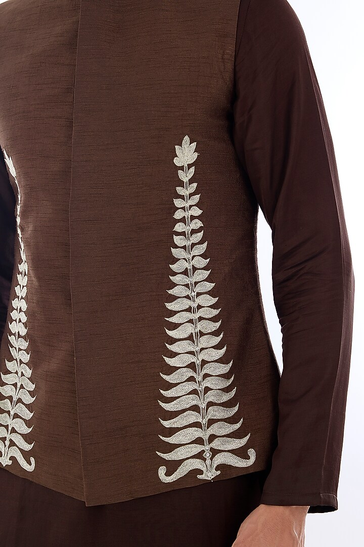Brown Habutai Silk Kasab Embroidered Nehru Jacket Set by KSHITIJ CHOUDHARY MEN at Pernia's Pop Up Shop
