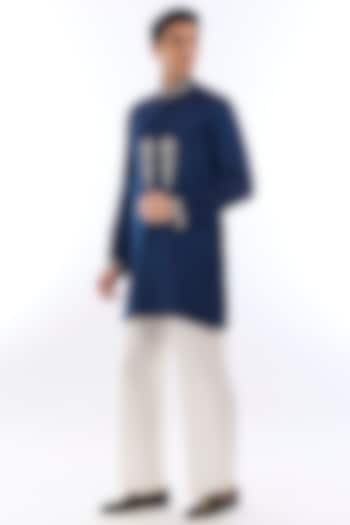 Blue Satin Kasab Embroidered Kurta Set by KSHITIJ CHOUDHARY MEN