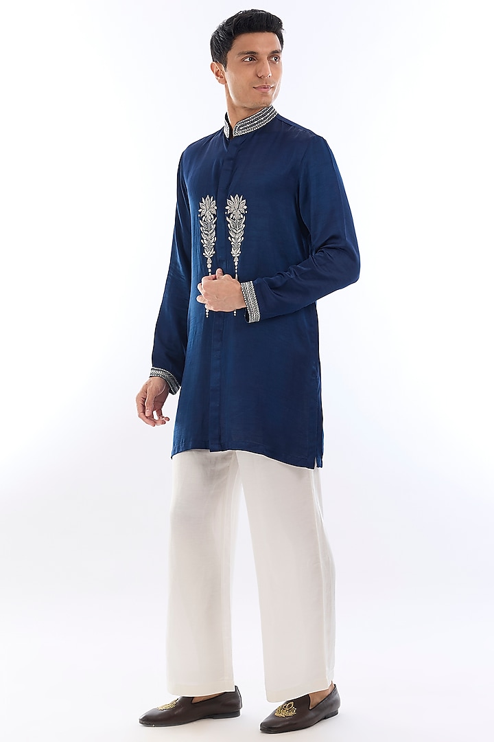 Blue Satin Kasab Embroidered Kurta Set by KSHITIJ CHOUDHARY MEN
