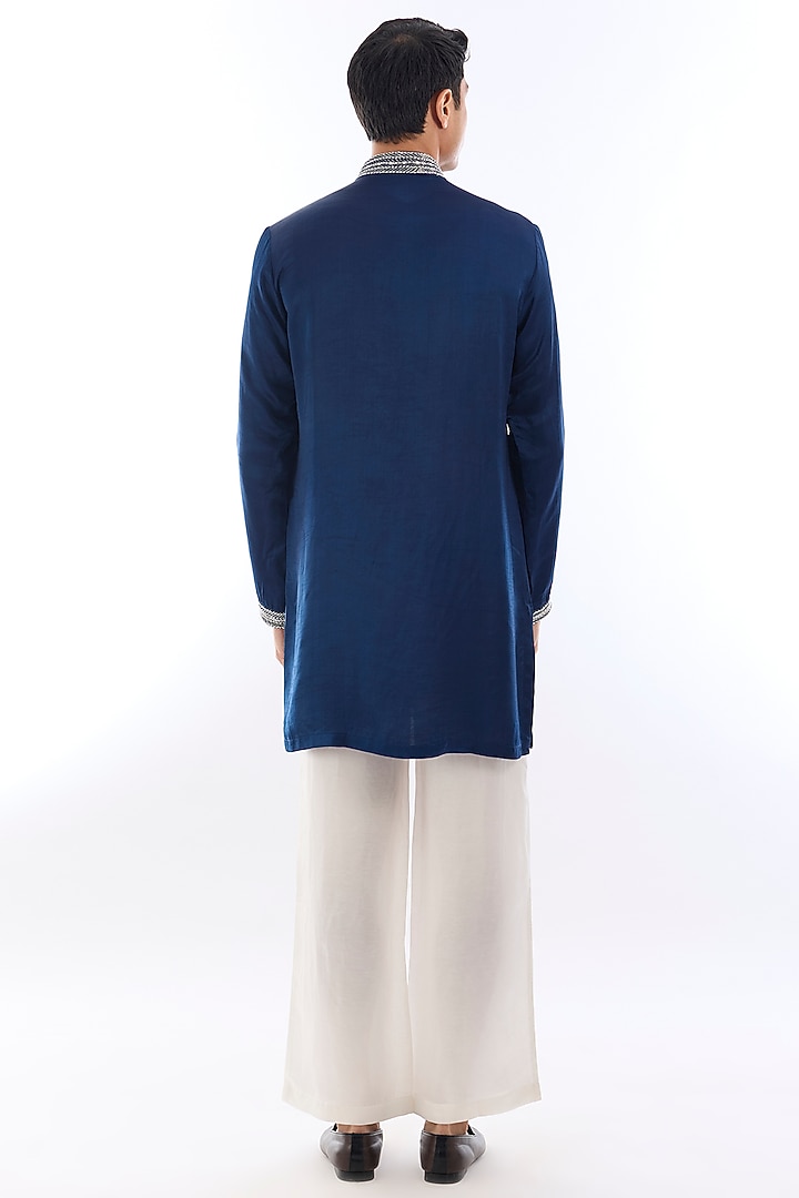Blue Satin Kasab Embroidered Kurta Set by KSHITIJ CHOUDHARY MEN at Pernia's Pop Up Shop