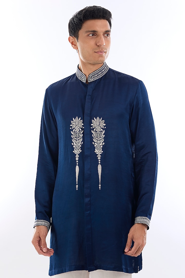 Blue Satin Kasab Embroidered Kurta Set by KSHITIJ CHOUDHARY MEN at Pernia's Pop Up Shop