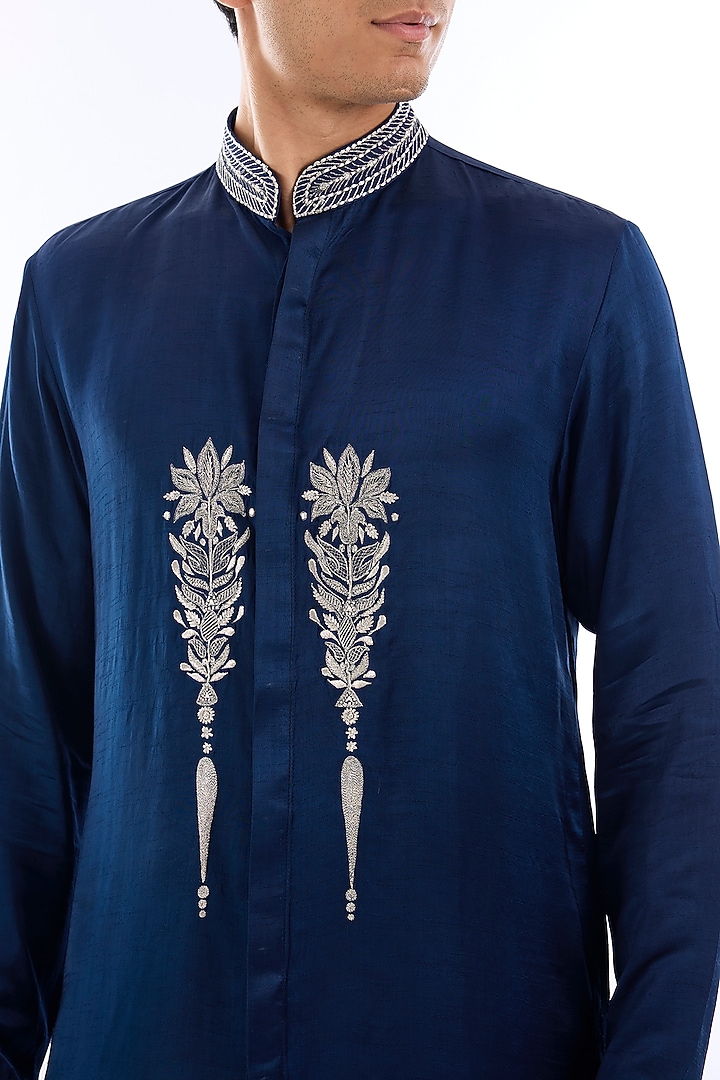 Blue Satin Kasab Embroidered Kurta Set by KSHITIJ CHOUDHARY MEN at Pernia's Pop Up Shop