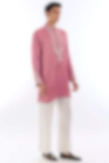 Pink Satin Kasab Embroidered Kurta Set by KSHITIJ CHOUDHARY MEN