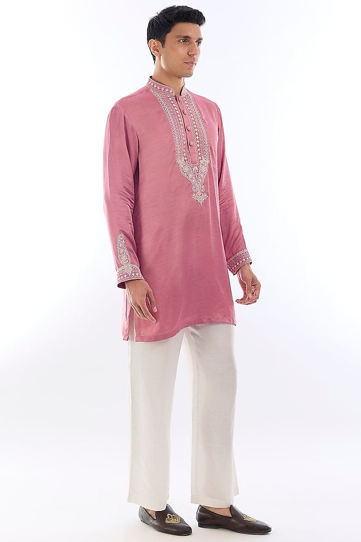 Pink Satin Kasab Embroidered Kurta Set by KSHITIJ CHOUDHARY MEN