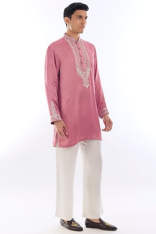 Pink Satin Kasab Embroidered Kurta Set by KSHITIJ CHOUDHARY MEN