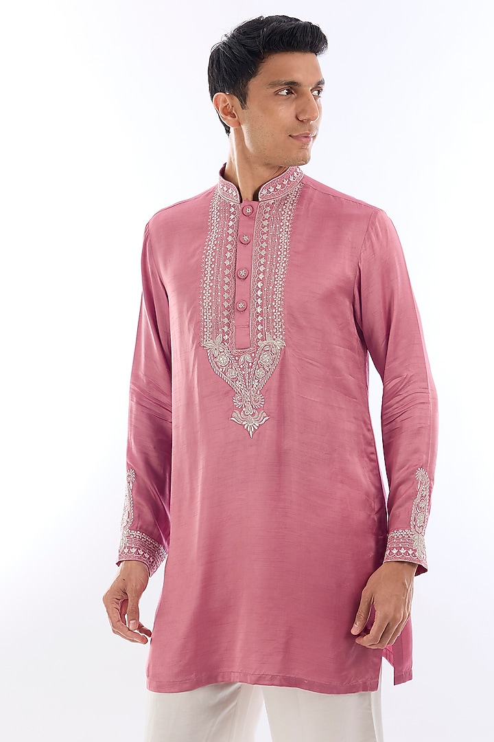 Pink Satin Kasab Embroidered Kurta Set by KSHITIJ CHOUDHARY MEN at Pernia's Pop Up Shop