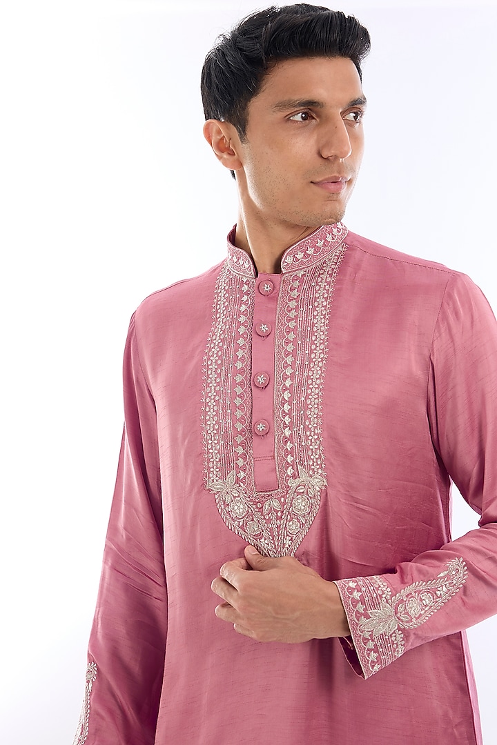 Pink Satin Kasab Embroidered Kurta Set by KSHITIJ CHOUDHARY MEN at Pernia's Pop Up Shop