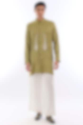 Green Satin Kasab Embroidered Kurta Set by KSHITIJ CHOUDHARY MEN