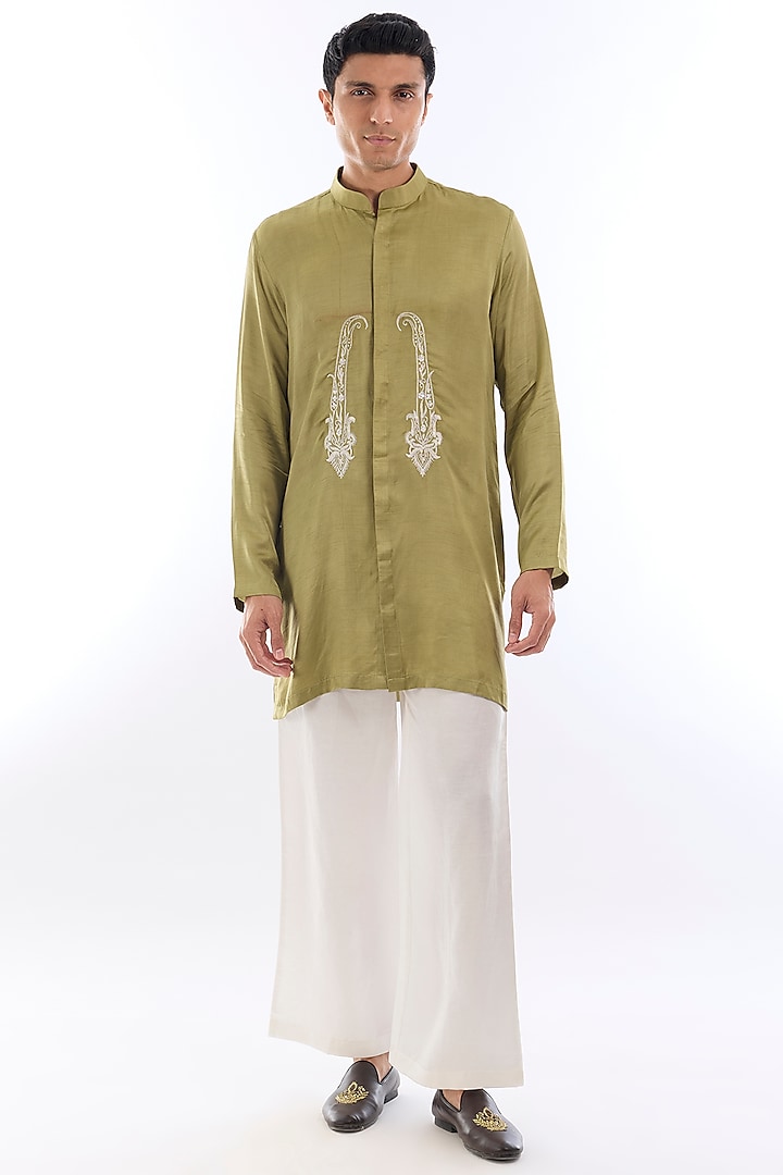 Green Satin Kasab Embroidered Kurta Set by KSHITIJ CHOUDHARY MEN
