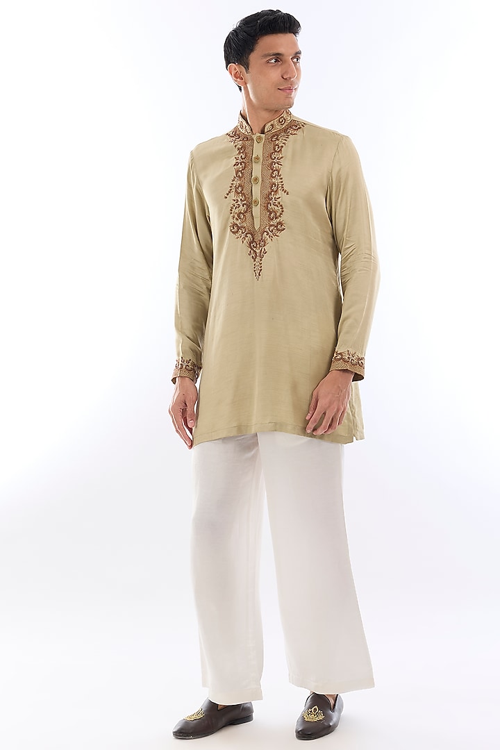 Mint Green Satin Kasab Embroidered Kurta Set by KSHITIJ CHOUDHARY MEN