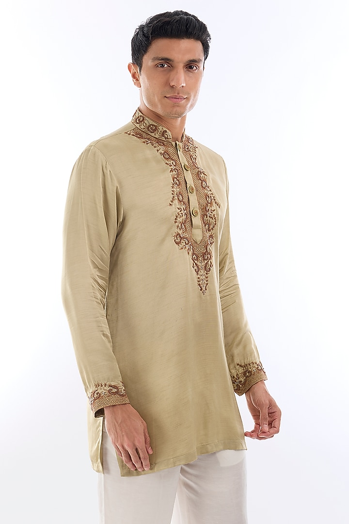 Mint Green Satin Kasab Embroidered Kurta Set by KSHITIJ CHOUDHARY MEN at Pernia's Pop Up Shop