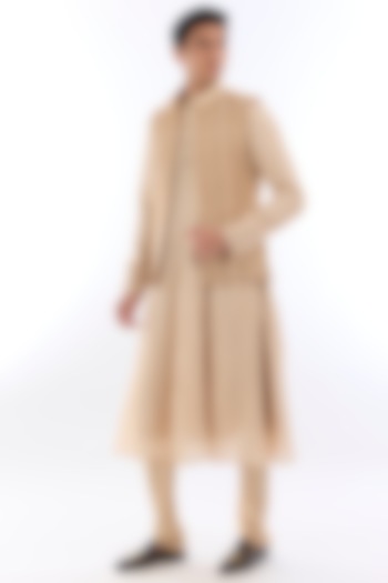 Beige Textured Silk Kasab Embroidered Open Indowestern Set by KSHITIJ CHOUDHARY MEN