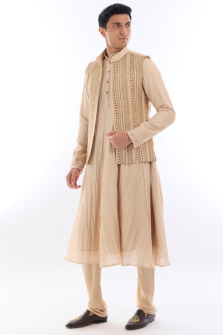 Beige Textured Silk Kasab Embroidered Open Indowestern Set by KSHITIJ CHOUDHARY MEN
