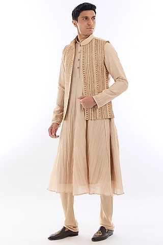 Beige Textured Silk Kasab Embroidered Open Indowestern Set by KSHITIJ CHOUDHARY MEN