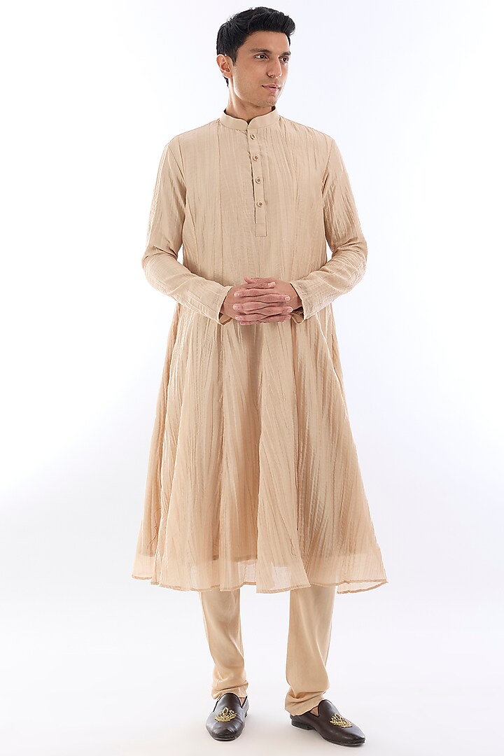 Beige Textured Silk Kasab Embroidered Open Wedding Indowestern Set by KSHITIJ CHOUDHARY MEN at Pernia's Pop Up Shop