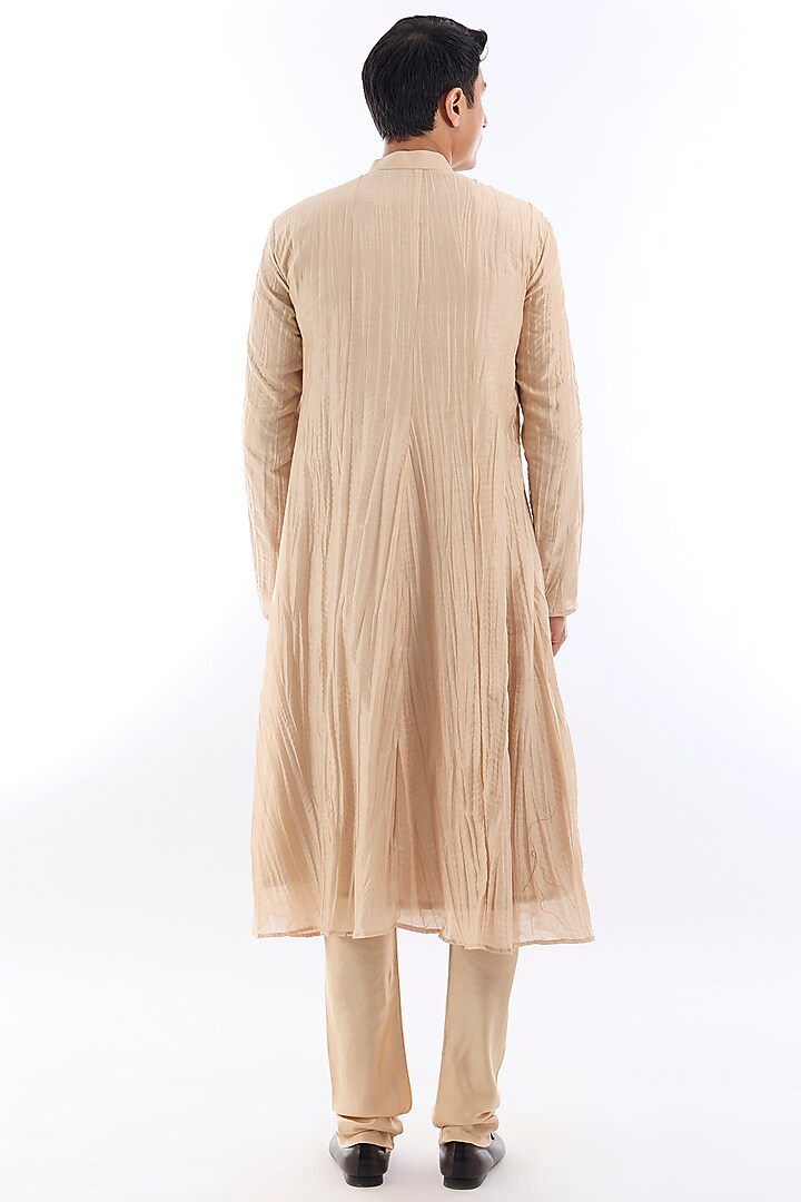 Beige Textured Silk Kasab Embroidered Open Wedding Indowestern Set by KSHITIJ CHOUDHARY MEN at Pernia's Pop Up Shop