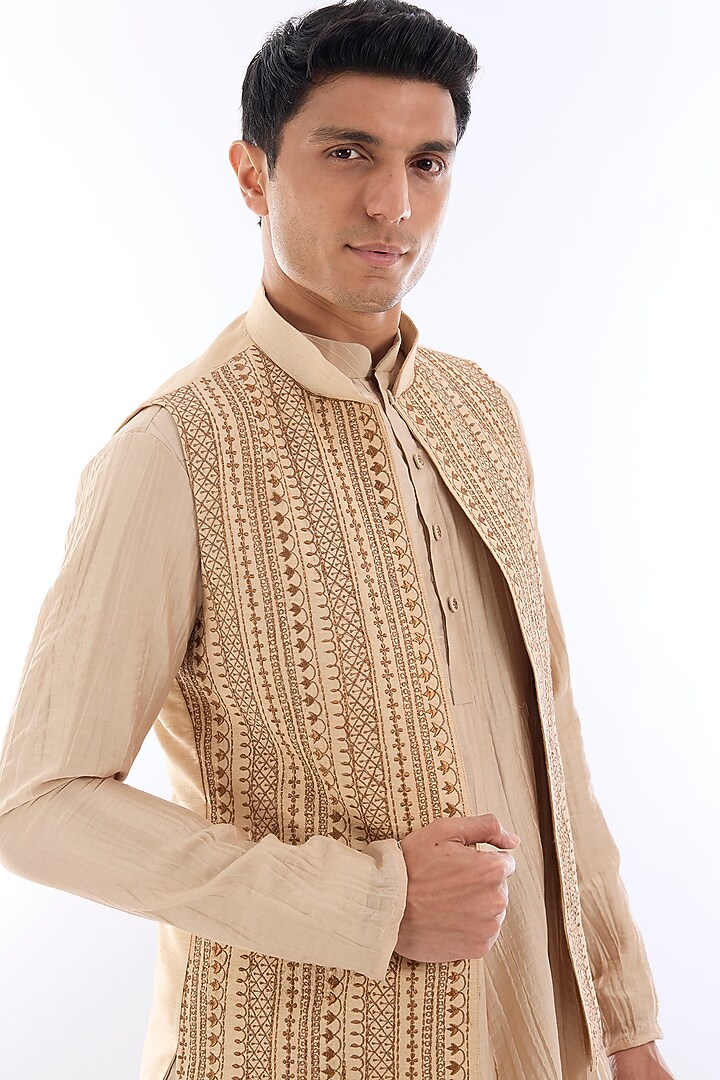 Beige Textured Silk Kasab Embroidered Open Wedding Indowestern Set by KSHITIJ CHOUDHARY MEN at Pernia's Pop Up Shop