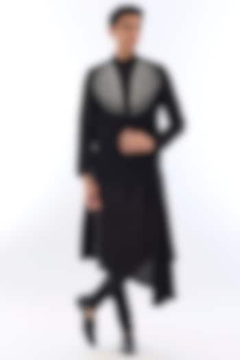 Black Silk Kasab Embroidered Open Indowestern Set by KSHITIJ CHOUDHARY MEN
