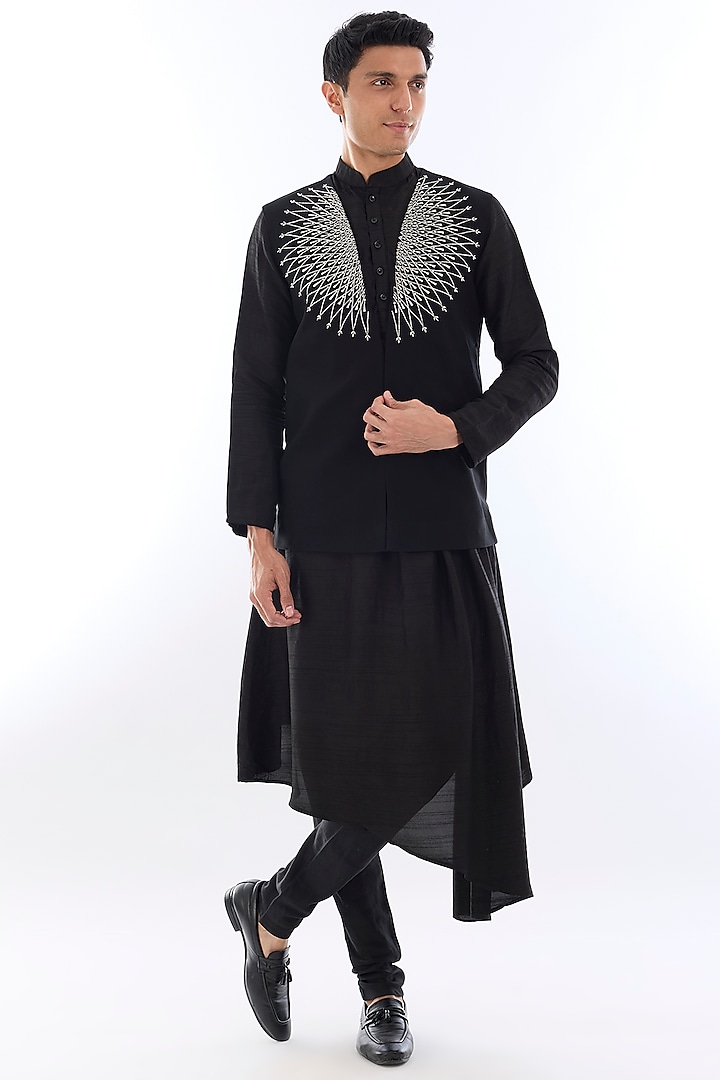 Black Silk Kasab Embroidered Open Indowestern Set by KSHITIJ CHOUDHARY MEN