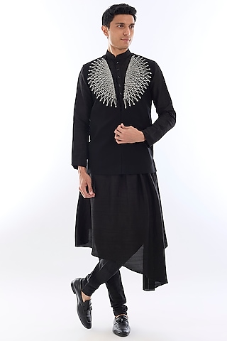 Black Silk Kasab Embroidered Open Indowestern Set by KSHITIJ CHOUDHARY MEN