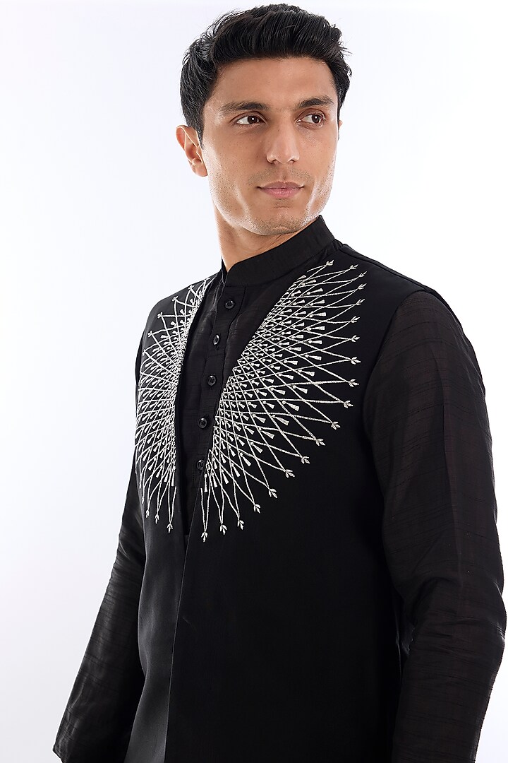 Black Silk Kasab Embroidered Open Wedding Indowestern Set by KSHITIJ CHOUDHARY MEN at Pernia's Pop Up Shop
