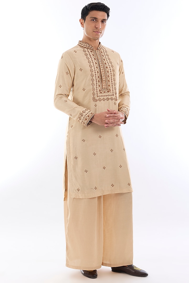 Beige Habutai Silk Kasab Embroidered Kurta Set by KSHITIJ CHOUDHARY MEN