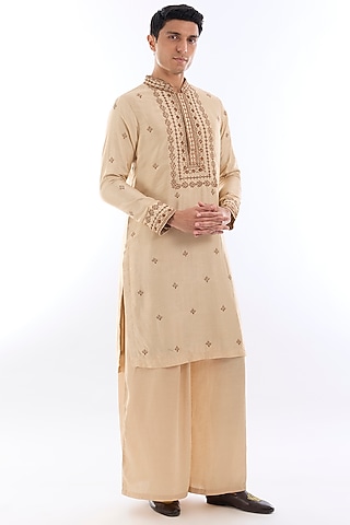 Beige Habutai Silk Kasab Embroidered Kurta Set by KSHITIJ CHOUDHARY MEN