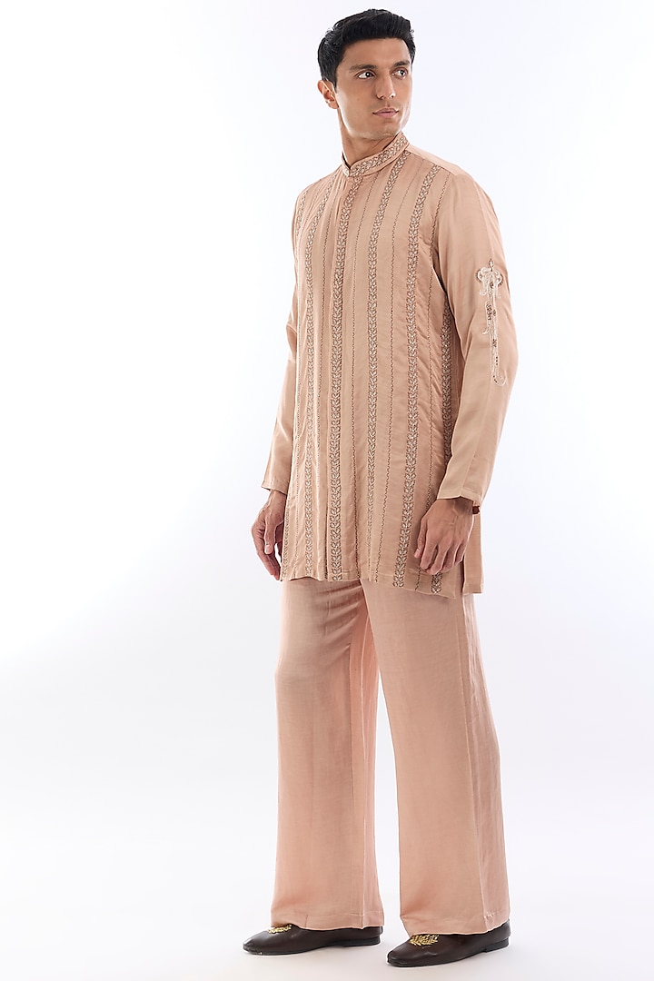 Pink Habutai Silk Kasab Embroidered Kurta Set by KSHITIJ CHOUDHARY MEN