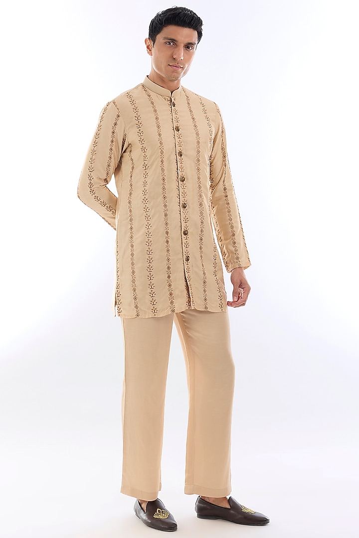 Beige Habutai Silk Kasab Embroidered Kurta Set by KSHITIJ CHOUDHARY MEN