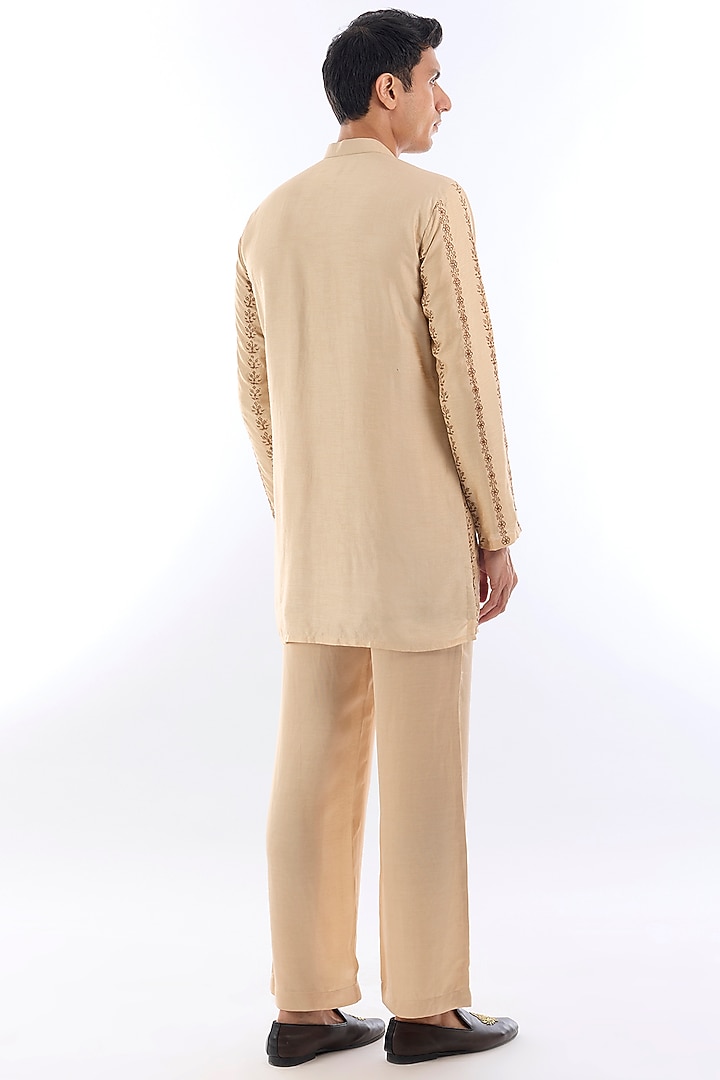 Beige Habutai Silk Kasab Embroidered Kurta Set by KSHITIJ CHOUDHARY MEN at Pernia's Pop Up Shop