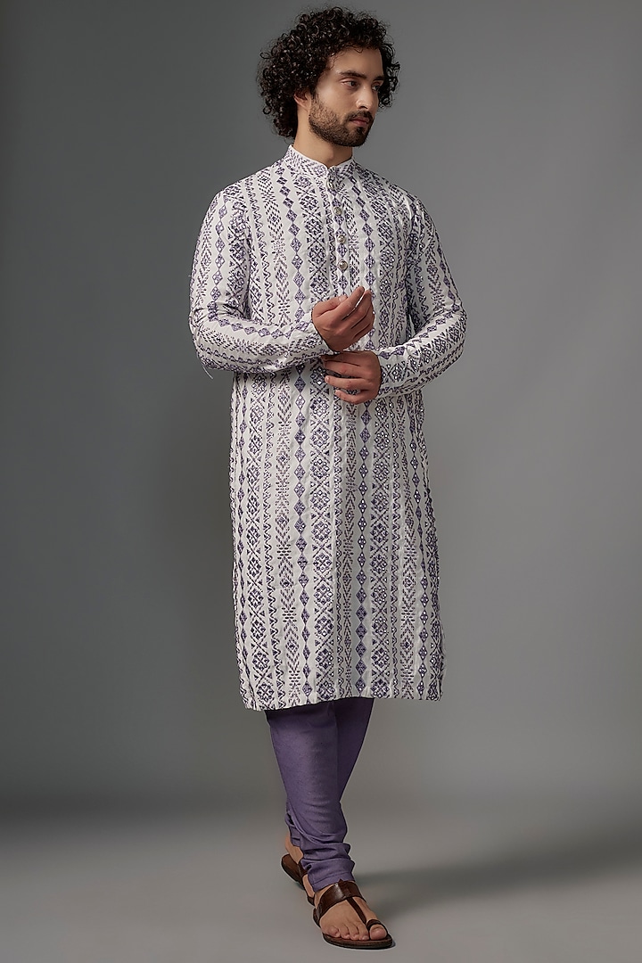 Purple & White Cotton Foil & Resham Embroidered Kurta Set by KSHITIJ CHOUDHARY MEN