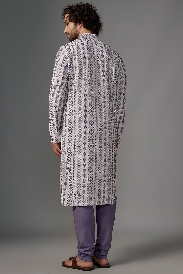 Purple & White Cotton Foil & Resham Embroidered Kurta Set by KSHITIJ CHOUDHARY MEN at Pernia's Pop Up Shop
